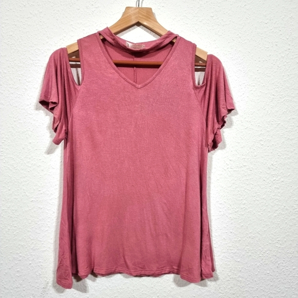 Threads Studio Tops - Women's Threads Pink Cold Shoulder Short Sleeve Shirt with cutout at neck